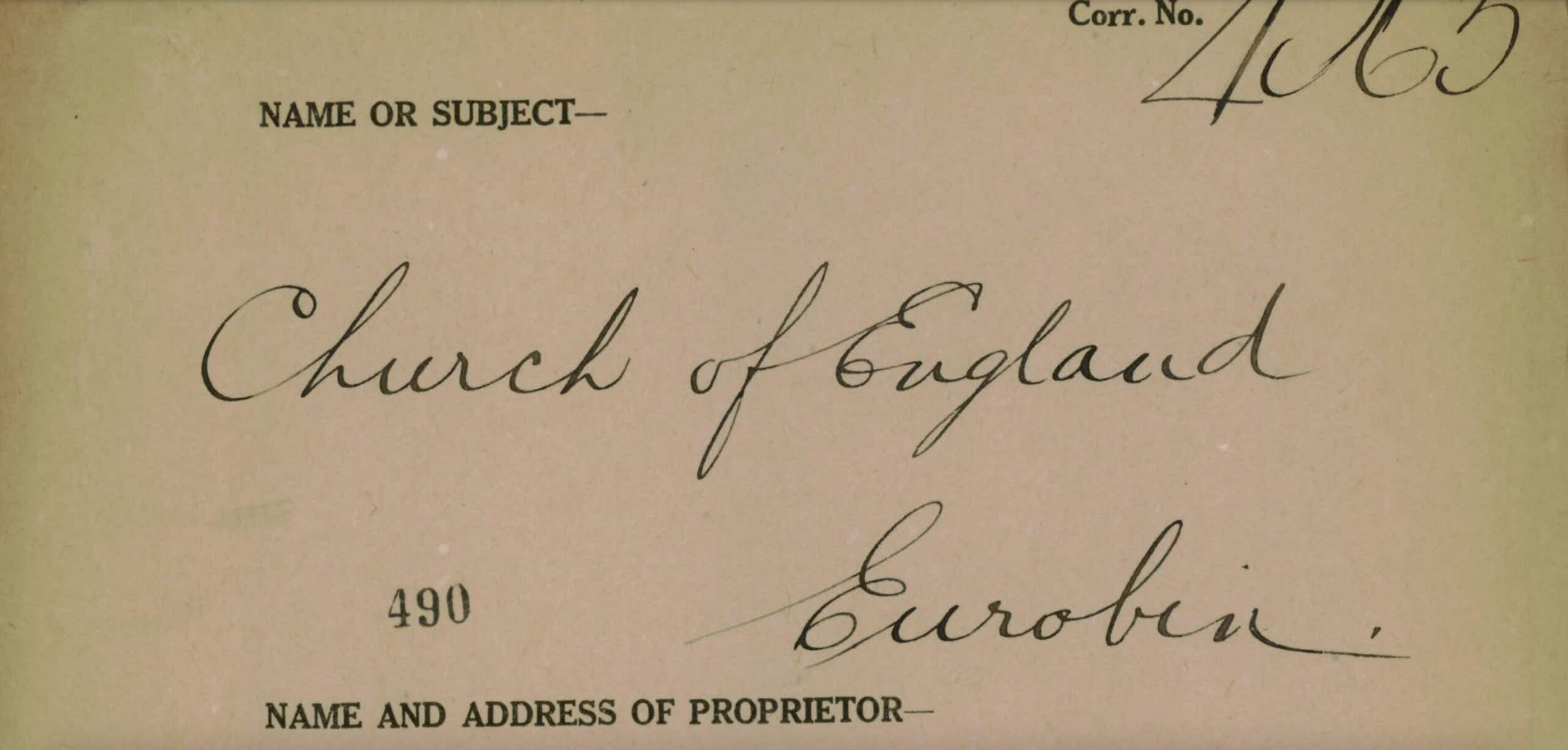 Historic document showing the handwritten title “Church of England, Eurobin” and the correspondence number 4065.