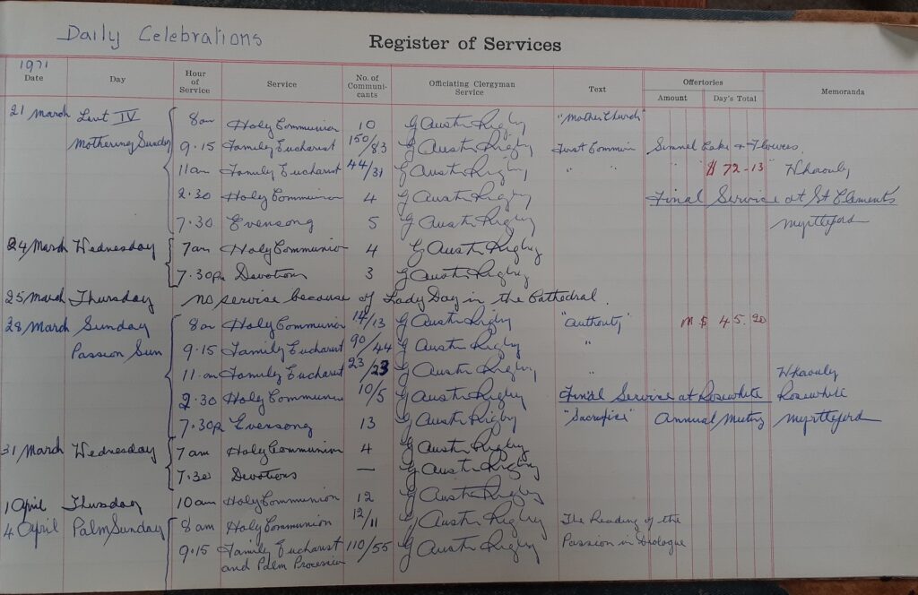 Photograph of the St Clement’s Church service register showing the final entry dated 21 March 1971, recording the last service with only four people in attendance (Mothering Sunday).