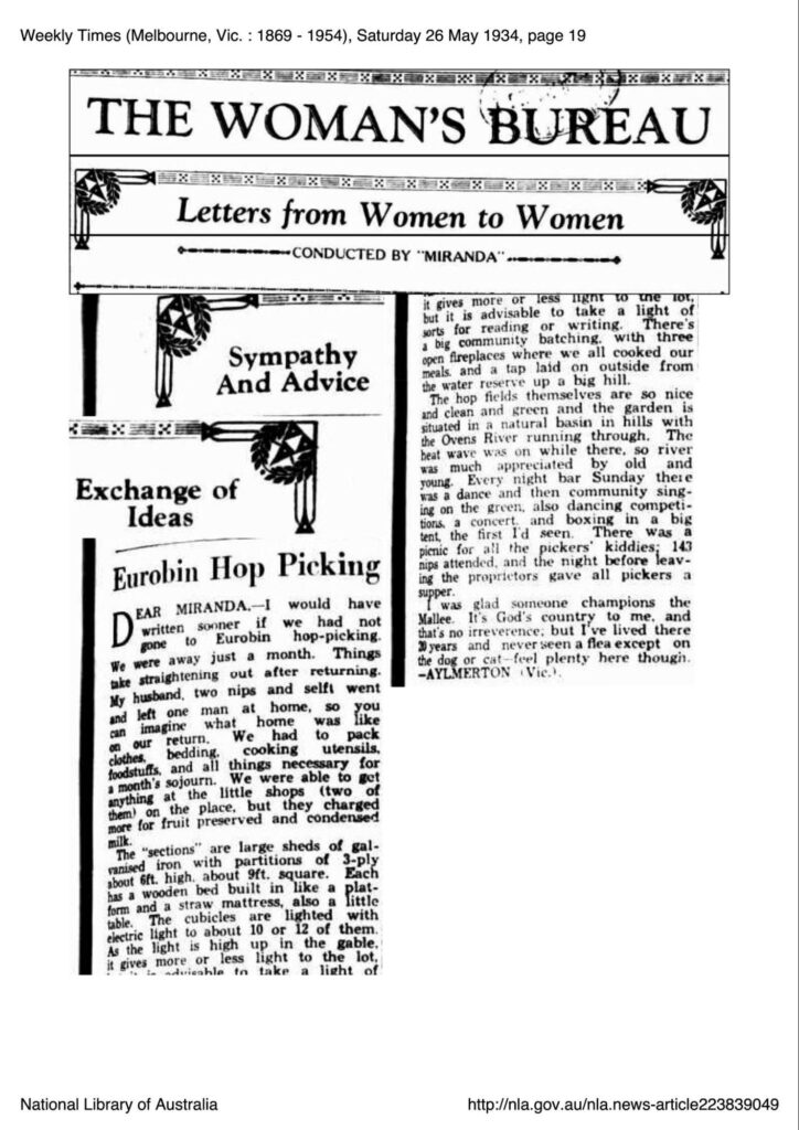 Newspaper clipping from the Weekly Times (Melbourne, 26 May 1934) showing the “The Woman’s Bureau” column conducted by “Miranda.” The featured letter, titled “Eurobin Hop Picking,” describes a month-long trip by a woman and her family to pick hops in Eurobin, Victoria. She recounts packing essentials, staying in basic timber cubicles, the beauty of the hop fields, community dances and concerts, and a picnic for the pickers’ children. The writer, signed “Aylmerton (Vic.),” calls the region “God’s country.”
